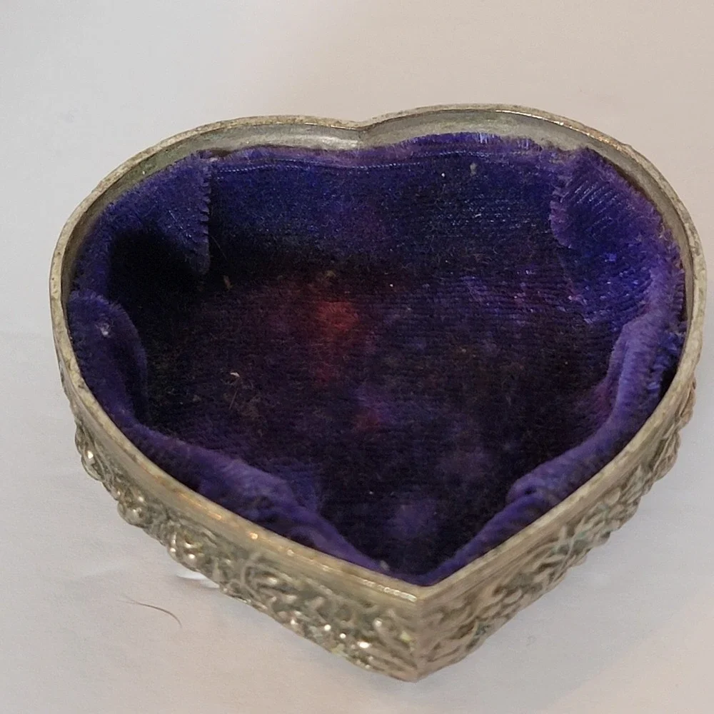 Vintage Heart Trinket Box, Silver Plate Blue Velvet Interior- Lots Of Patina